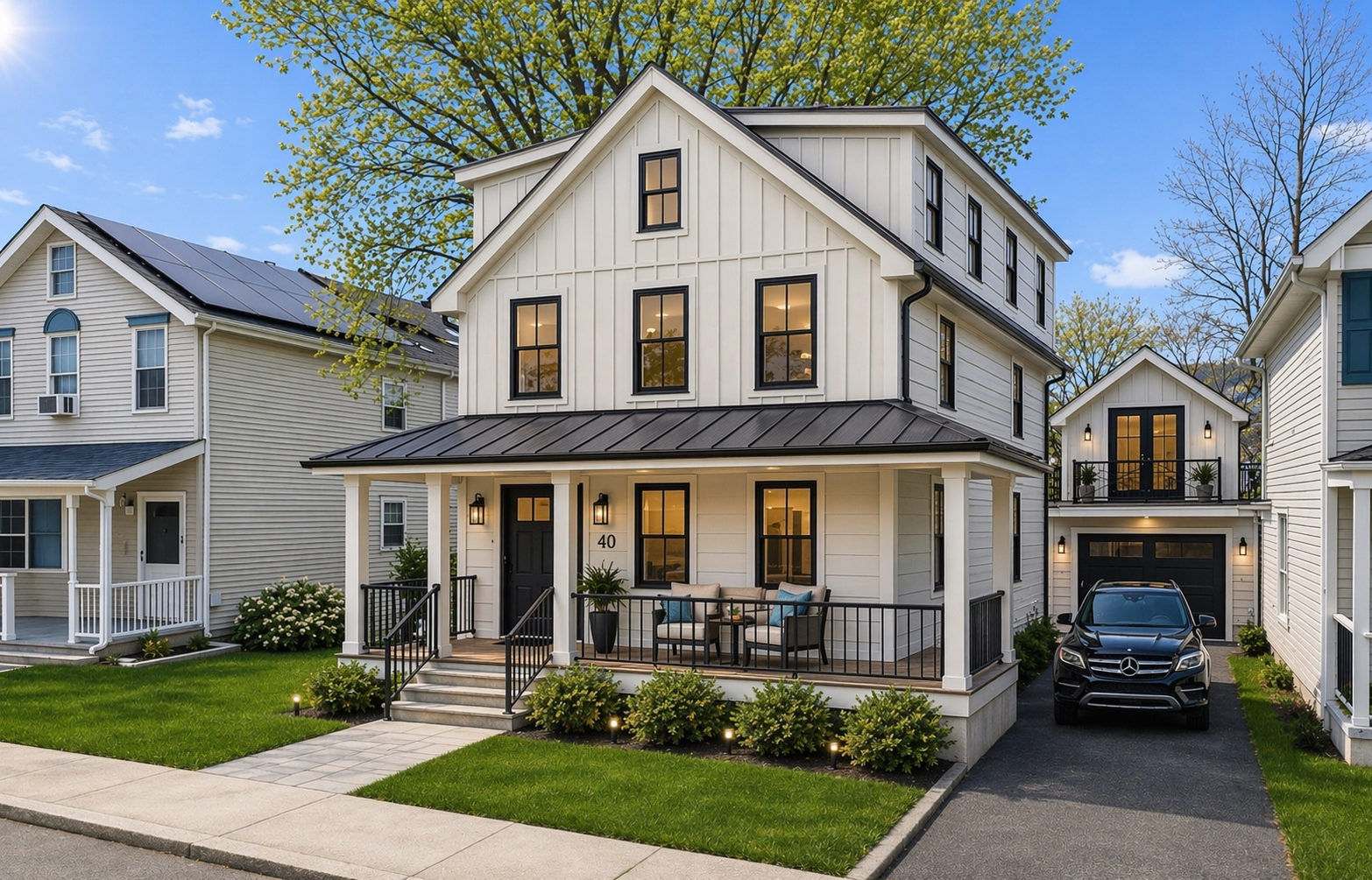 Renovation concept rendering for 40 N Elm Street with a refined front porch and integrated rear structure
