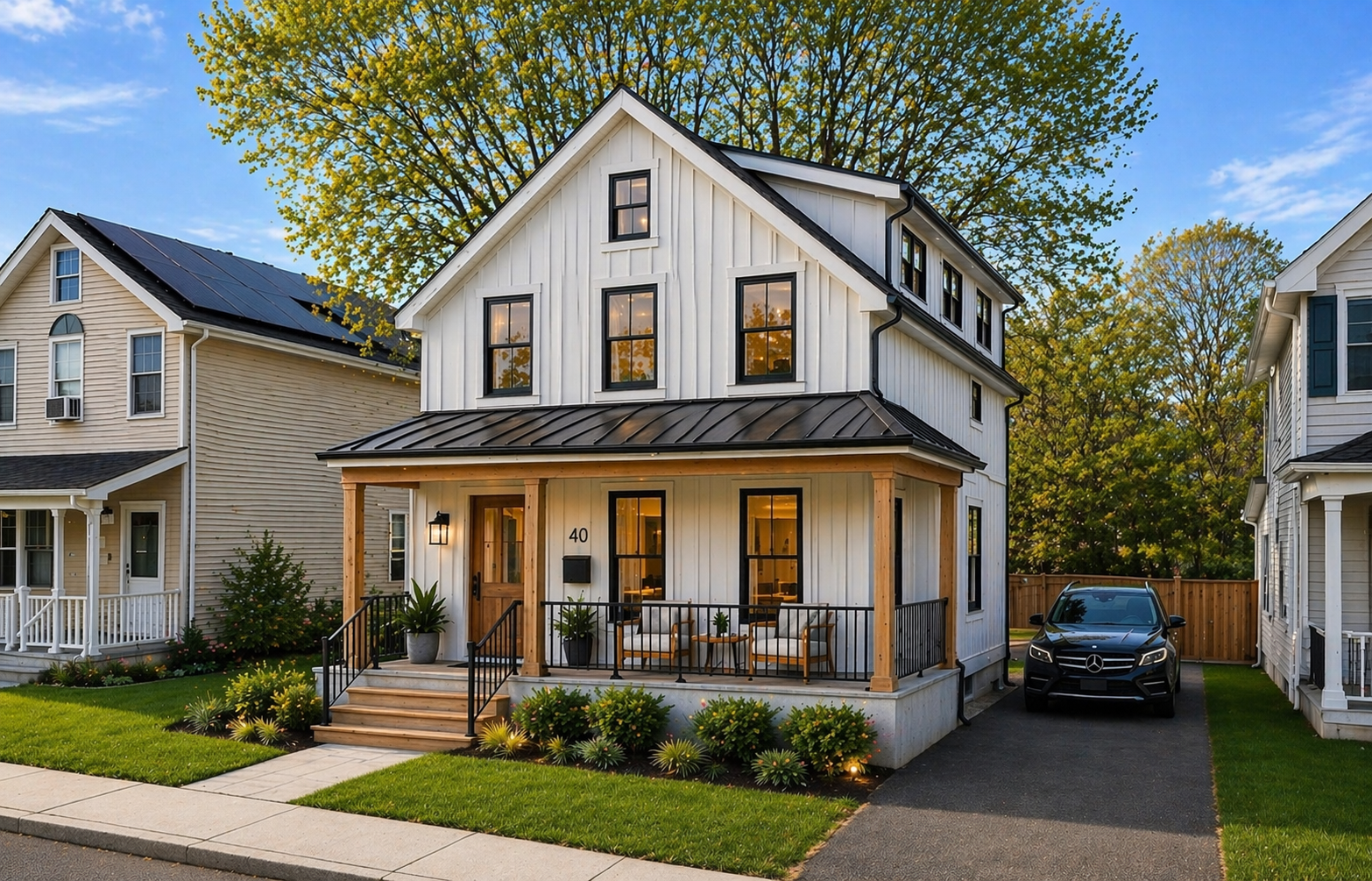 Alternate renovation concept rendering for 40 N Elm Street with updated exterior detailing and porch composition