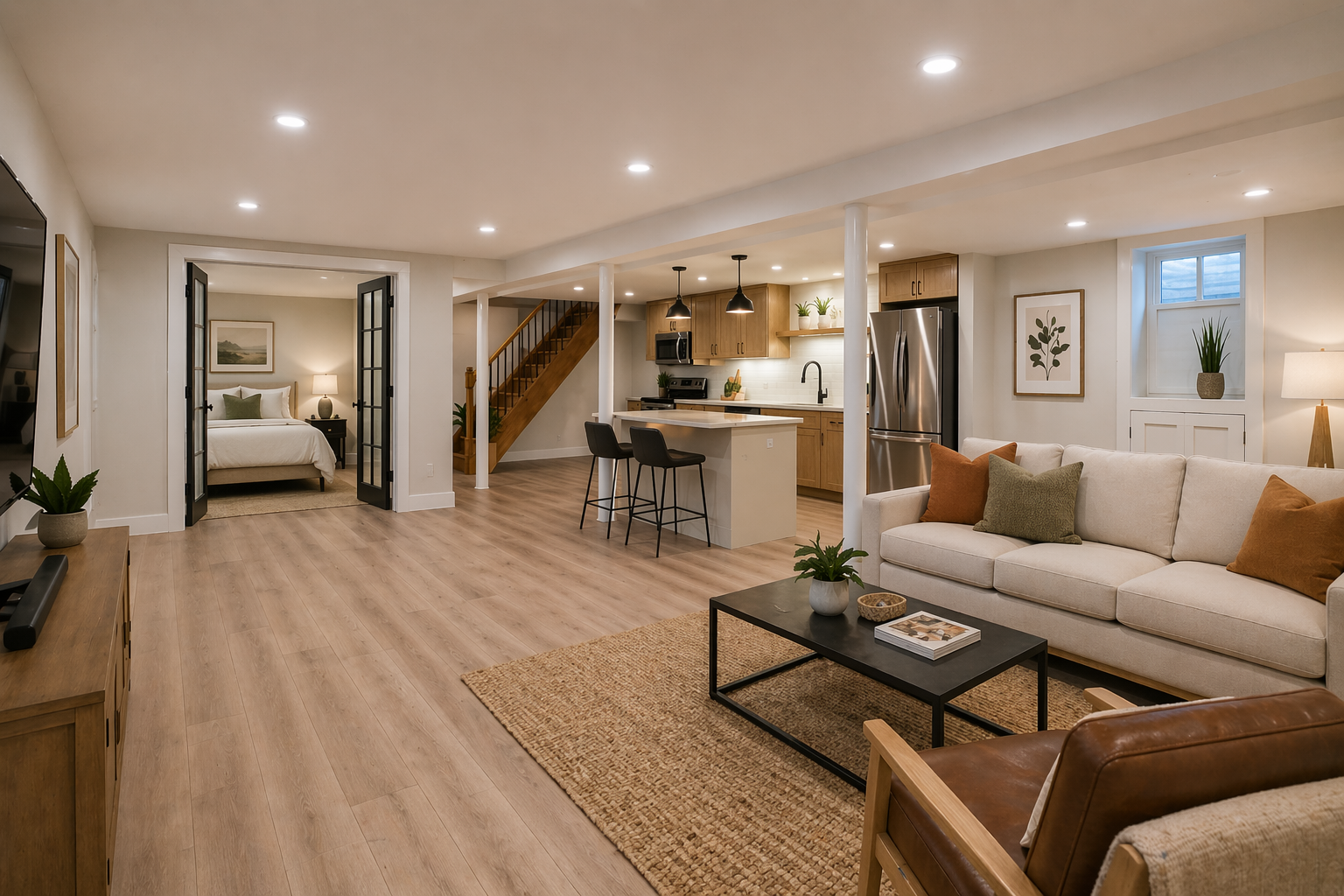 Concept rendering of a remodeled one-bedroom basement apartment build-out at 21 South Brett Street