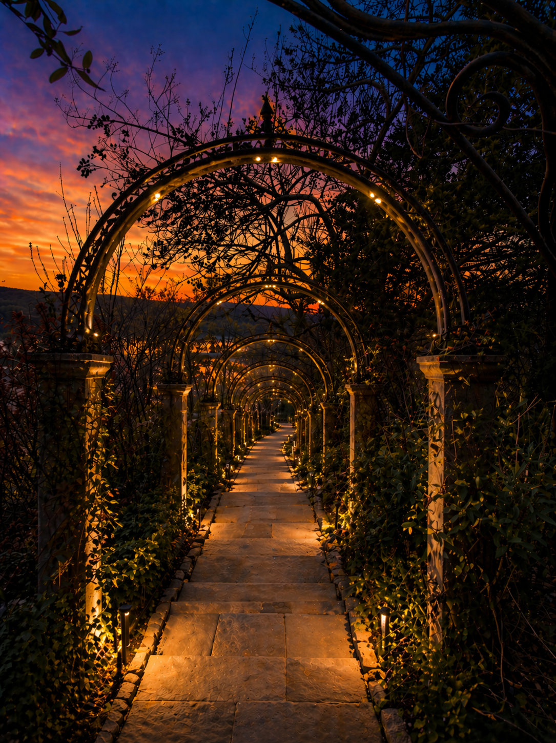 Rear walkway image showing the landscaped path down toward the train station and river