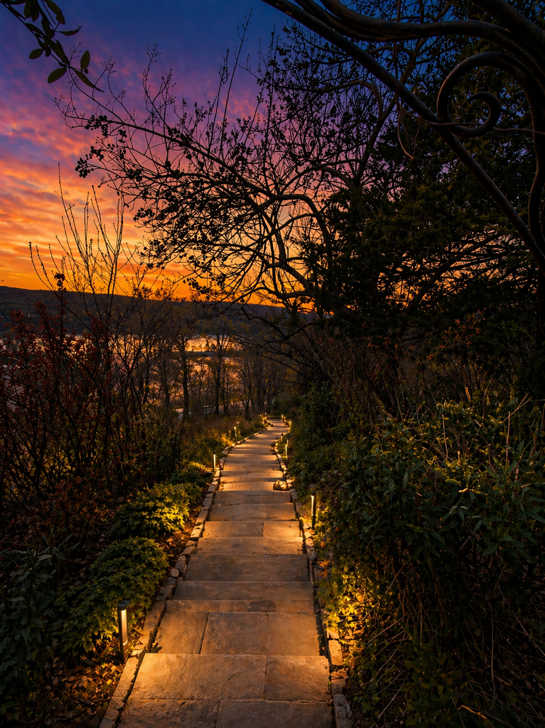 Rear path image showing the walkway down toward the train station and river